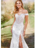 Beaded Ivory Lace Satin Side Slit Wedding Dress With Detachable Train